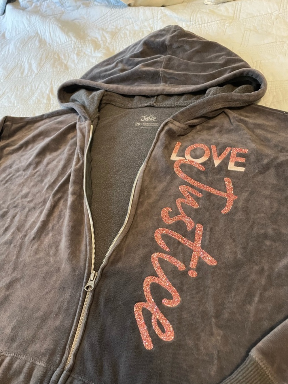Justice Charcoal Zip Hoodie with Pink Glitter LOVE Justice Script